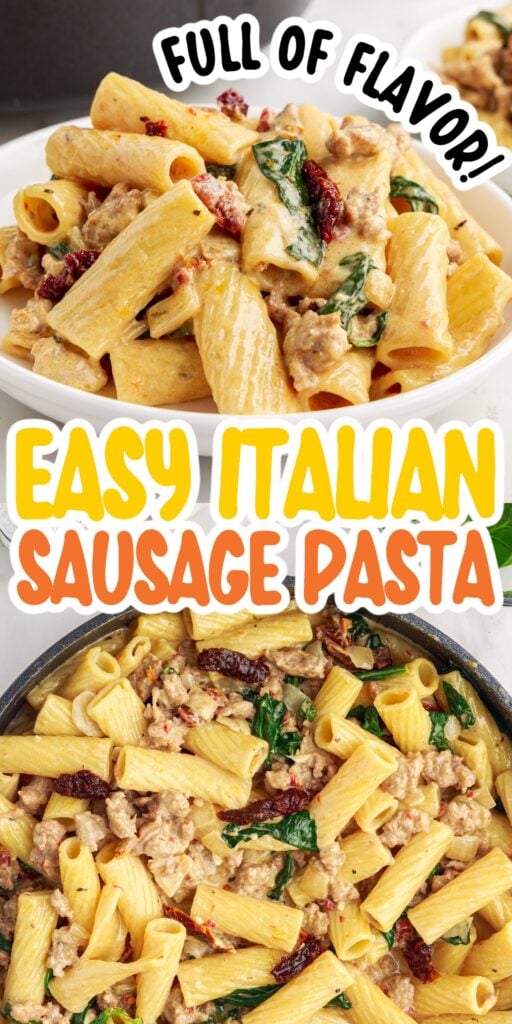 Italian sausage pasta in a skillet and on a plate with text overlay.