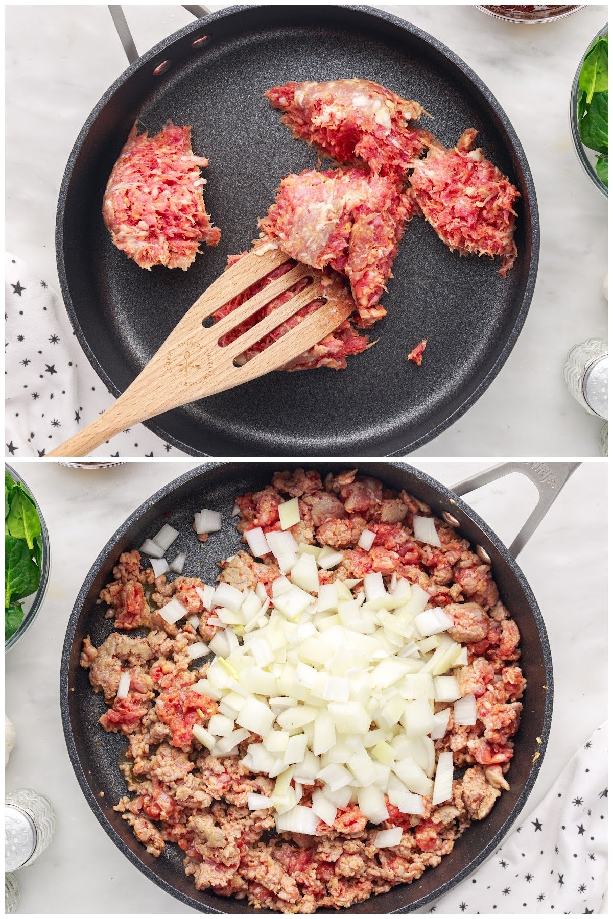 Browning the Italian sausage and onions.