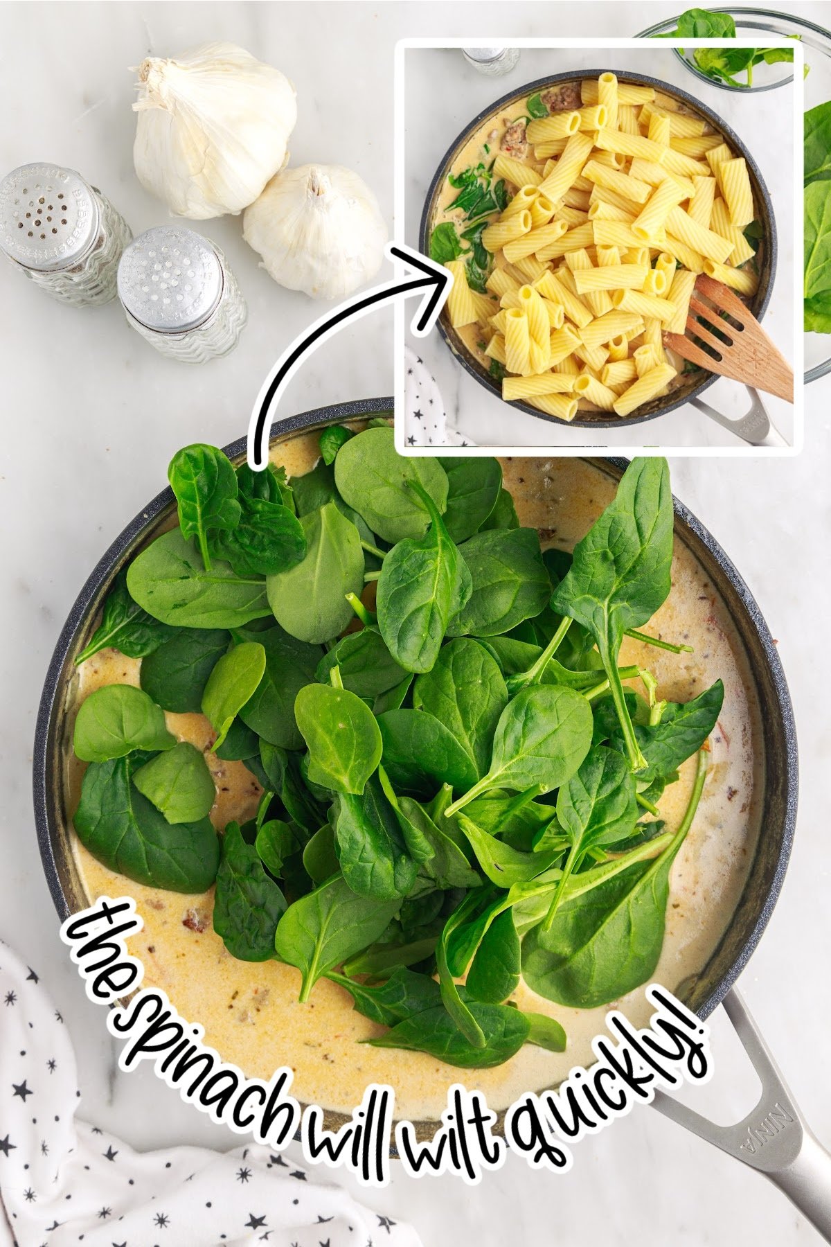 Adding spinach and pasta to the skillet.