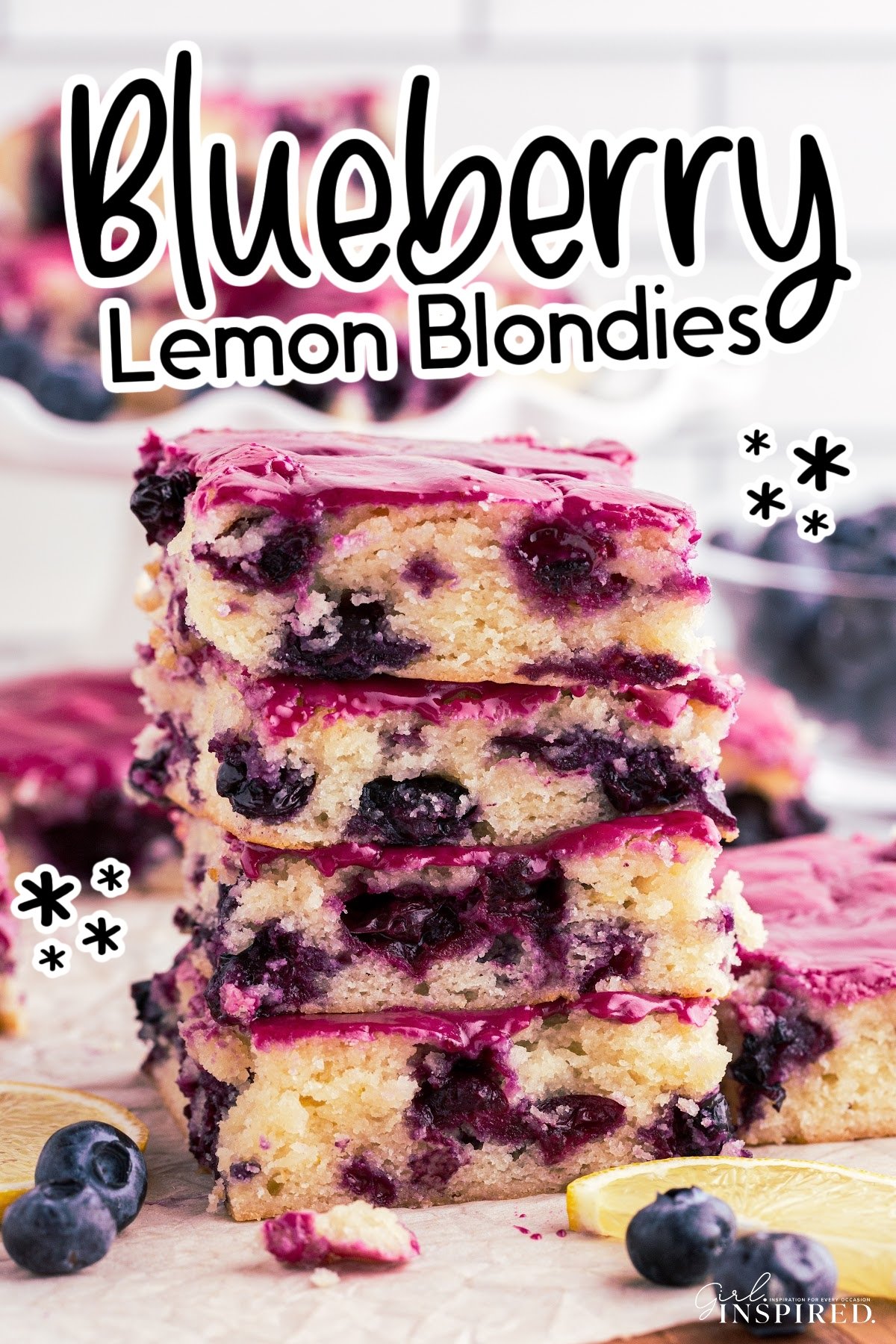 Four vertically stacked Lemon Blueberry Blondies with text overlay.