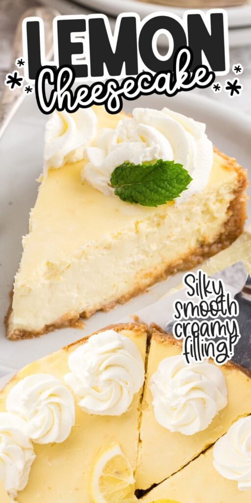 Lemon cheesecake topped with whipped cream with text overlay.
