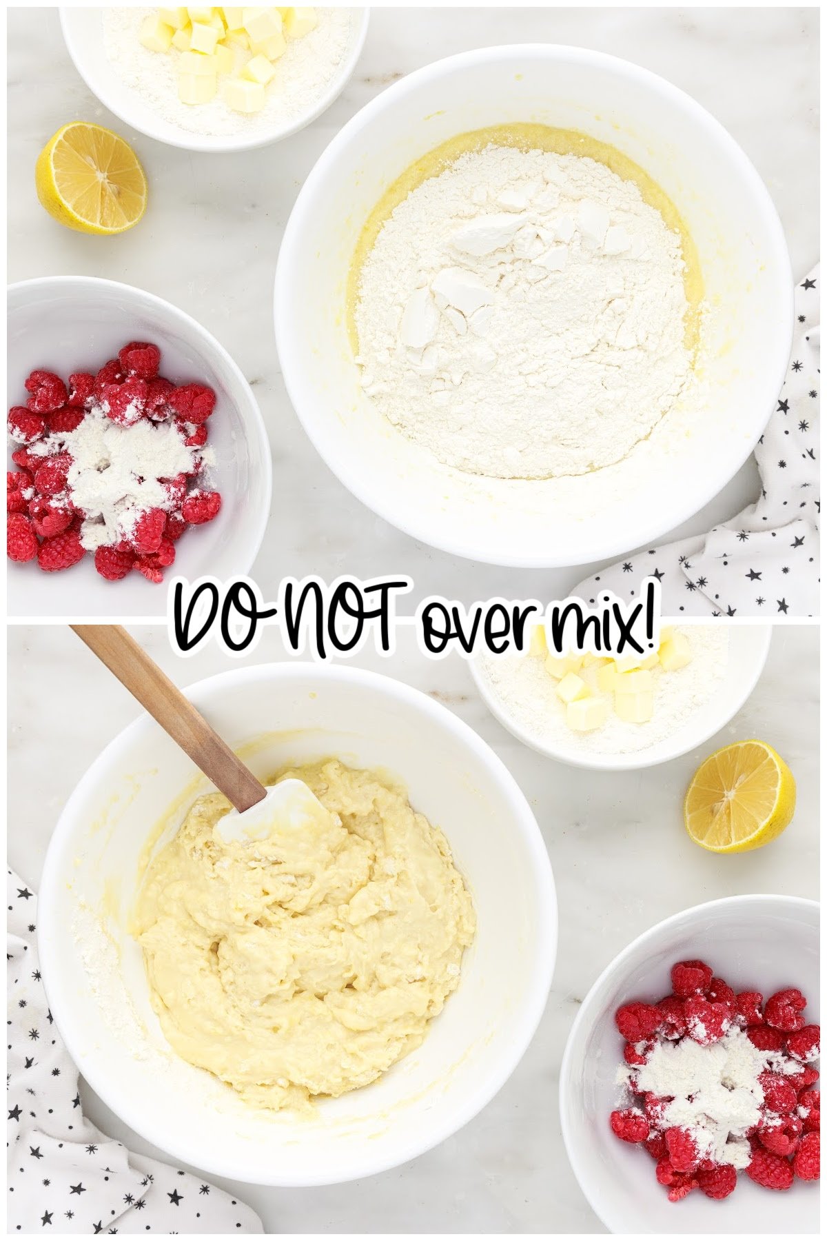 Adding the dry ingredients to the egg mixture with text overlay "do not over mix."