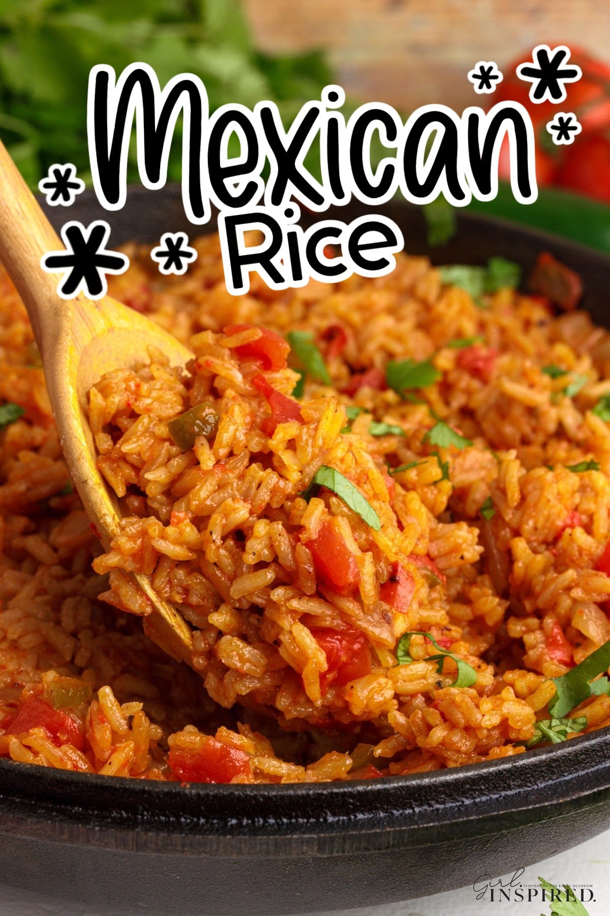 Pan of Mexican Red rice with a spoon full and text overlay.