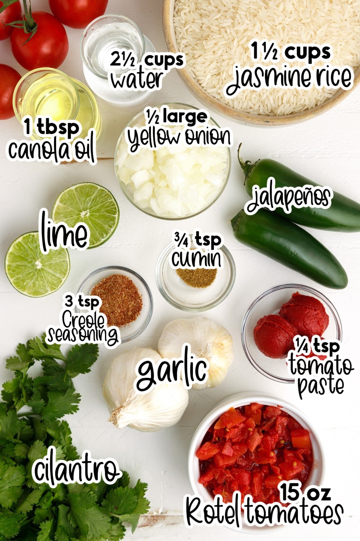All ingredients layed out in small bowls or on the counter to be used in the recipe.