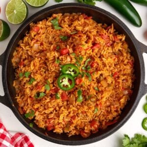 Pan of cooked Mexican Red Rice ready to serve and eat.