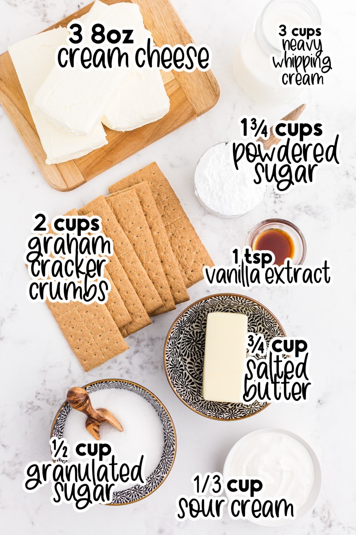 Ingredients needed to make no bake cheesecake bars.
