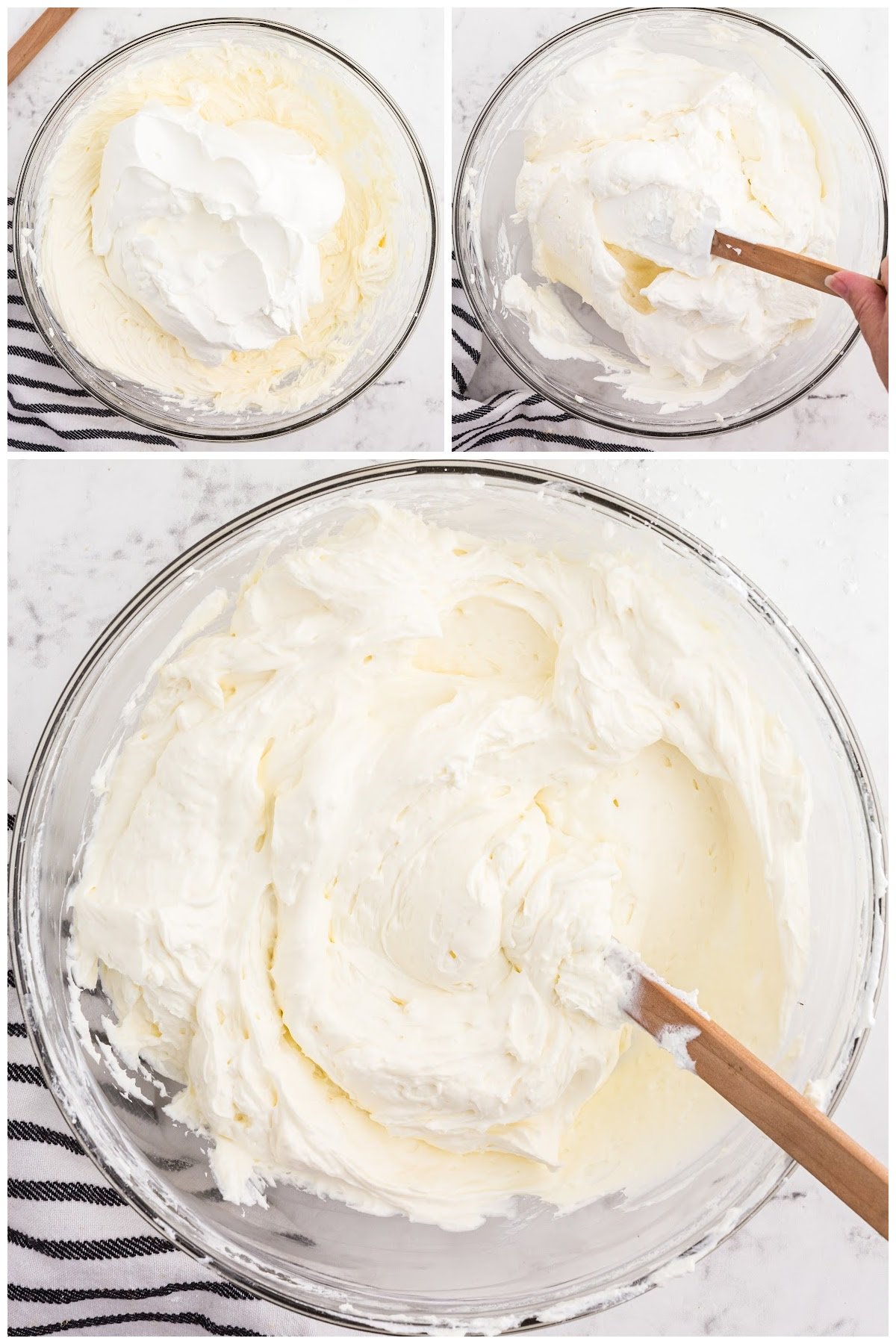 Folding the whipped cream into the cream cheese mixture.
