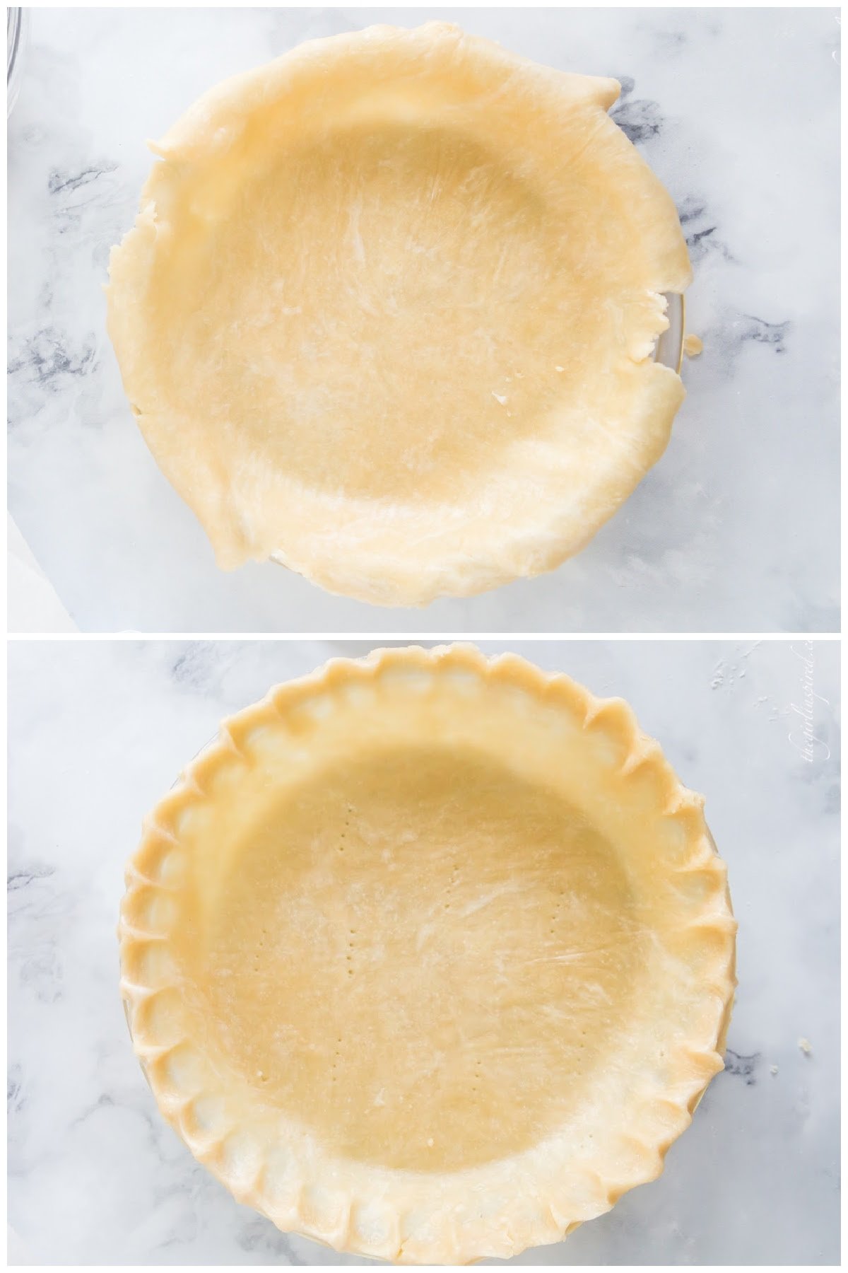 Crimping the edges of the oil pie crust in a glass pie plate.