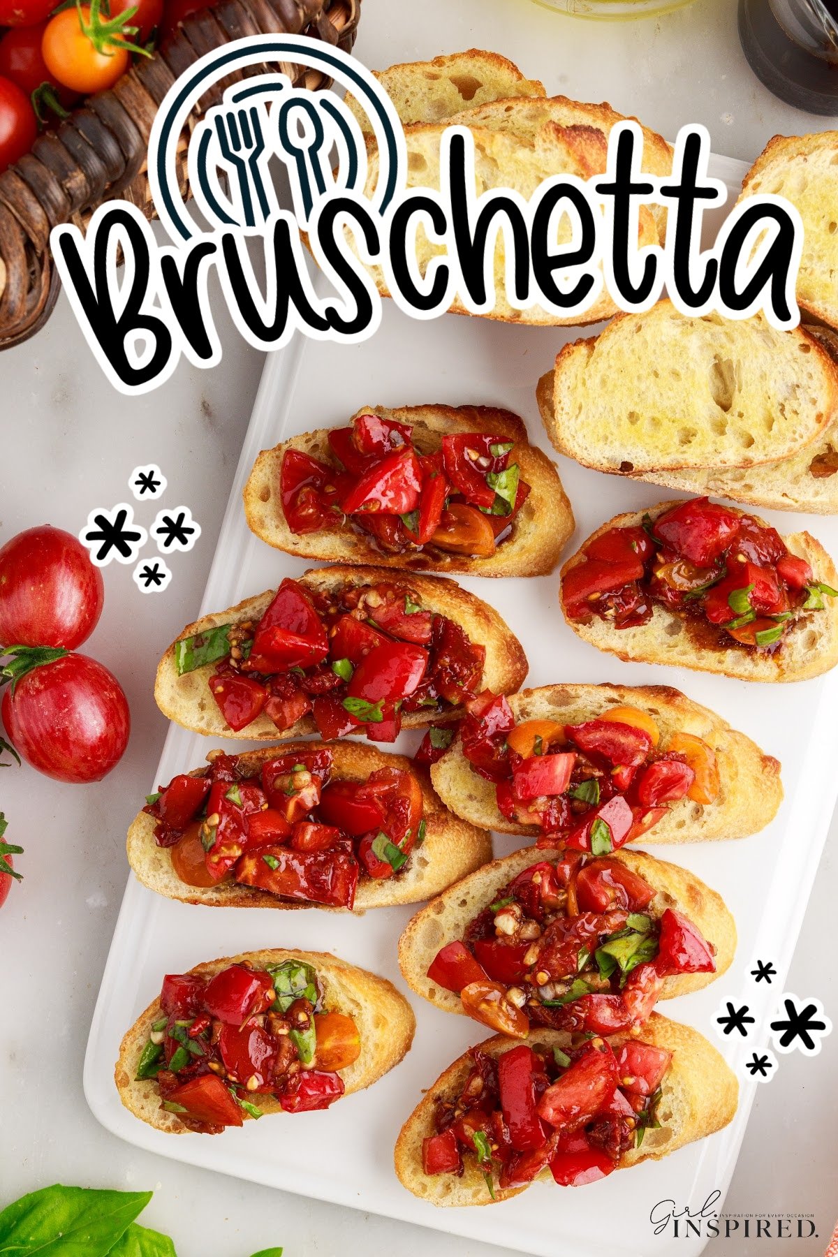 Sundried tomato bruschetta next to fresh tomatoes.