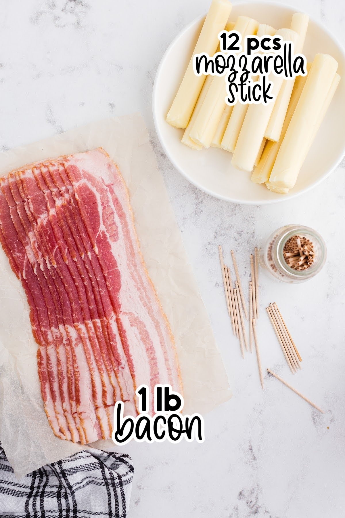 Ingredients needed to make bacon wrapped mozzarella sticks.