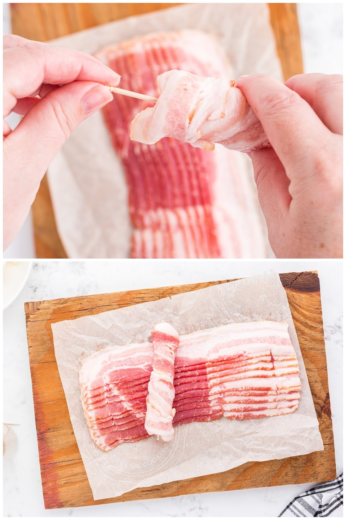 Wrapped the mozzarella cheese in strips of bacon, securing with a toothpick.