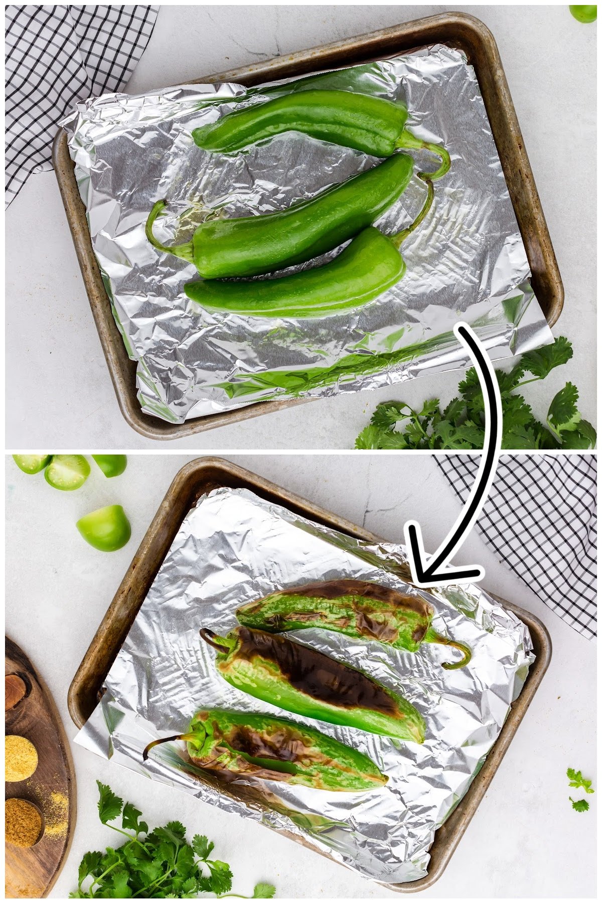 Two images of jalapenos on a cookie sheet before and after being baked.