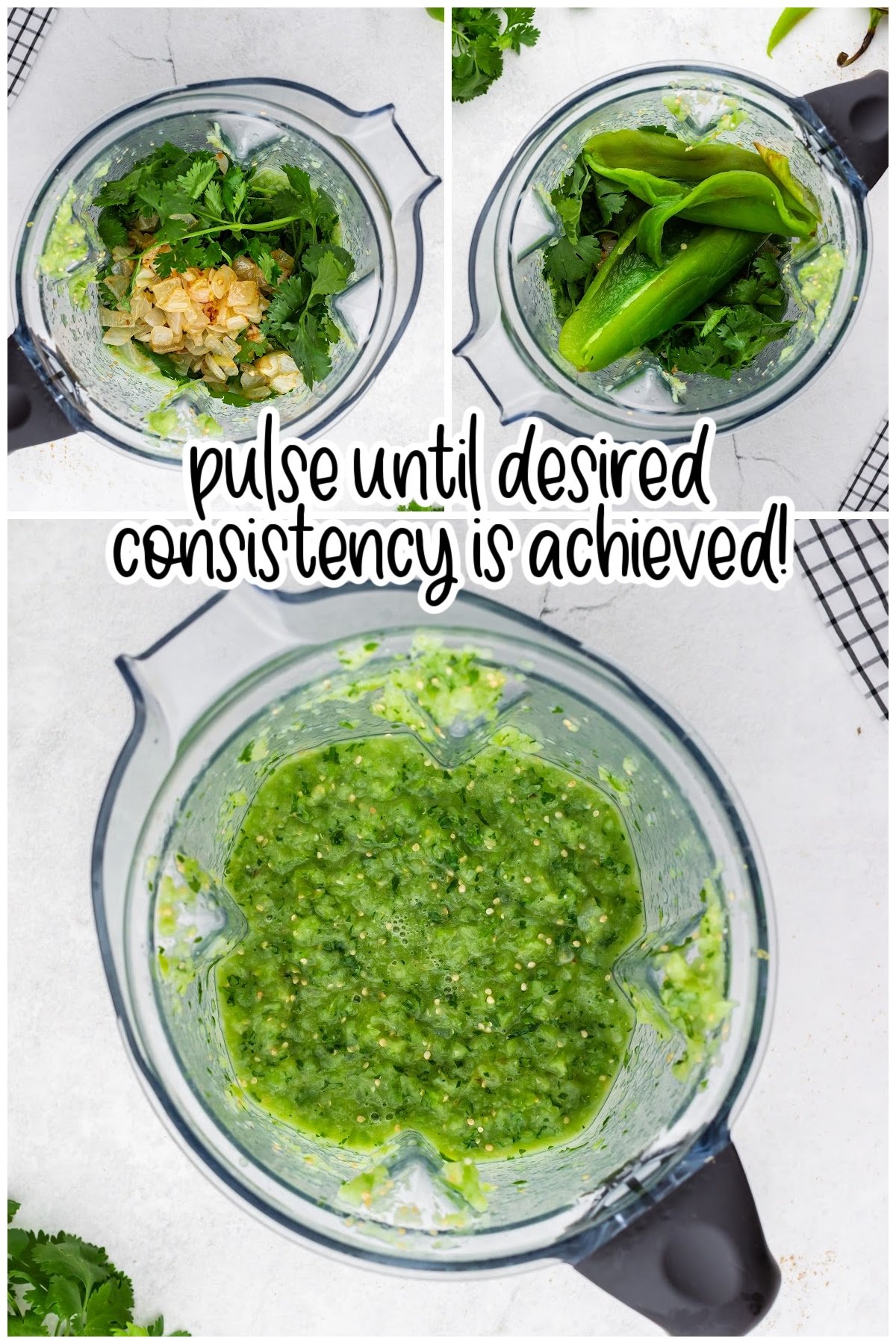 Three images of a food processor with Green Enchilada Sauce ingredients added with text overlay.