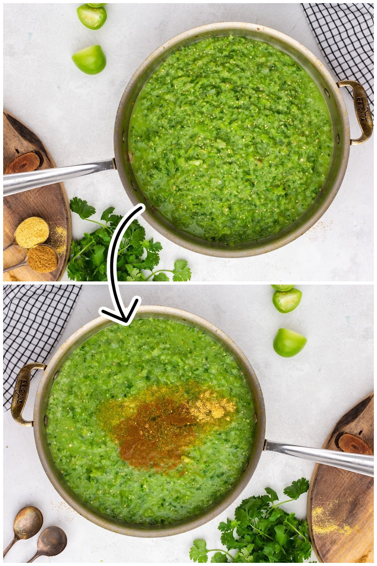 Two images of Green Enchilada Sauce in a sauce pan.