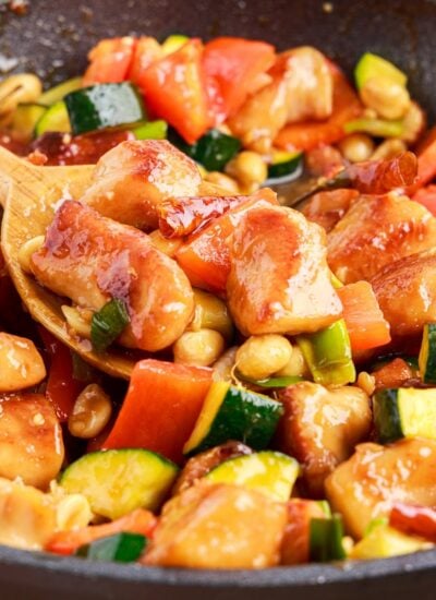 Panda Express Kung Pao Chicken Recipe completed and in a skillet to serve.