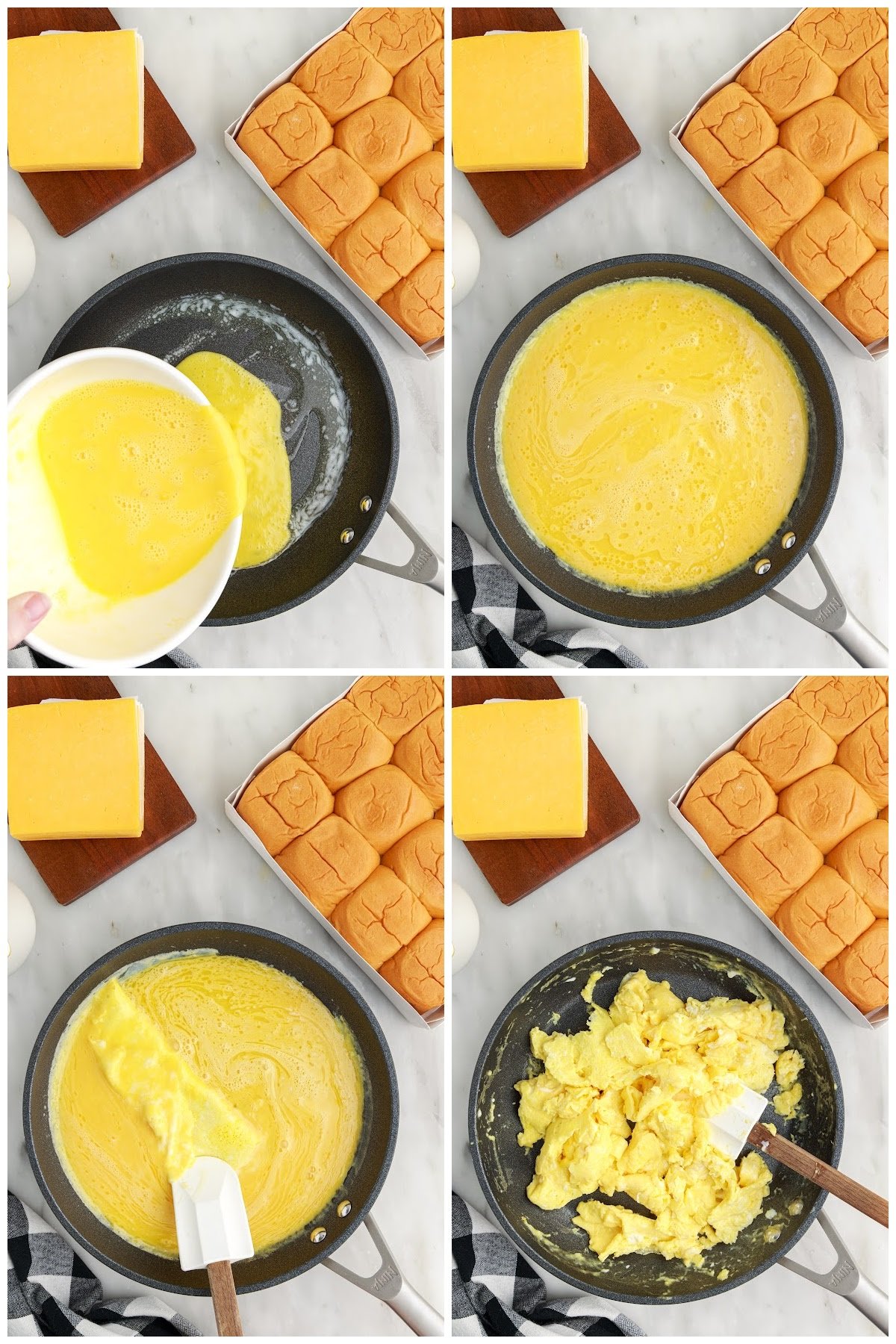 Four steps shown here to scramble the eggs for the sliders.