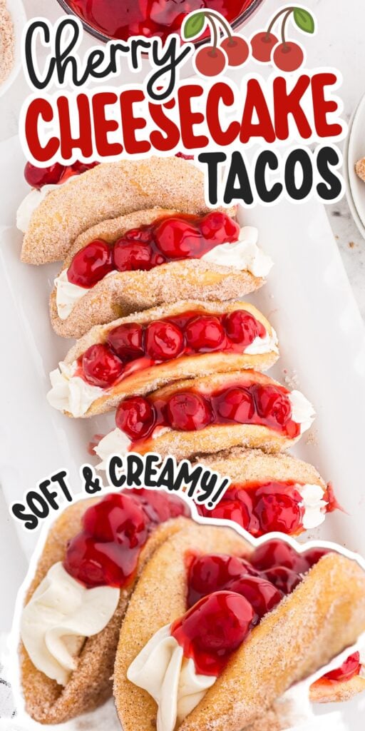 Cherry Cheesecake tacos completed and ready to eat, with text overlay.