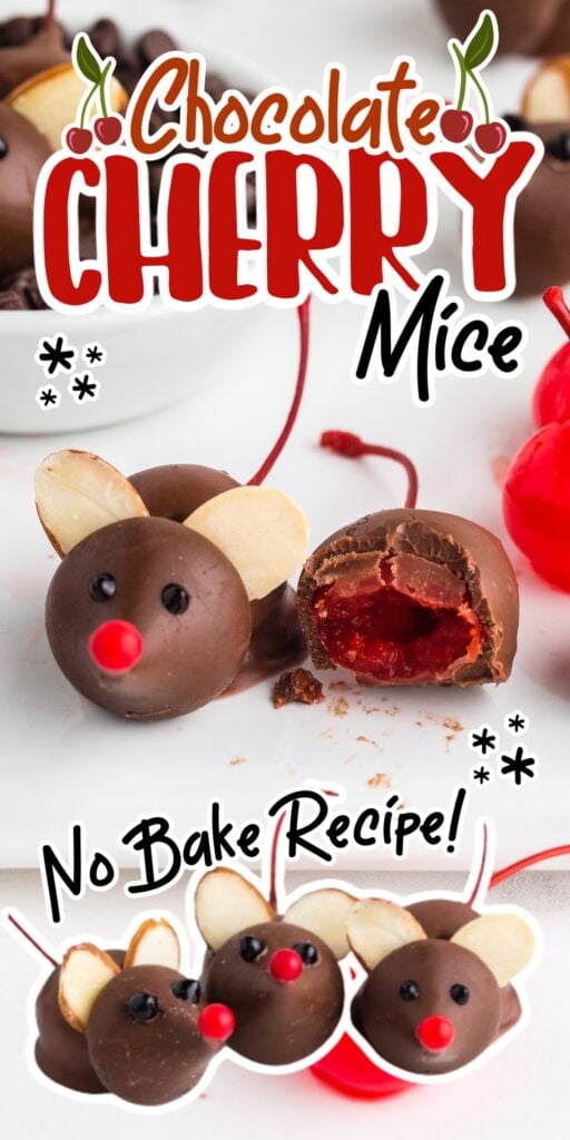 A few Chocolate Cherry Mice on the counter and one partially eaten, with text overlay.