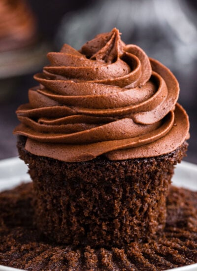Completed chocolate cupcake with frosting and ready to eat.
