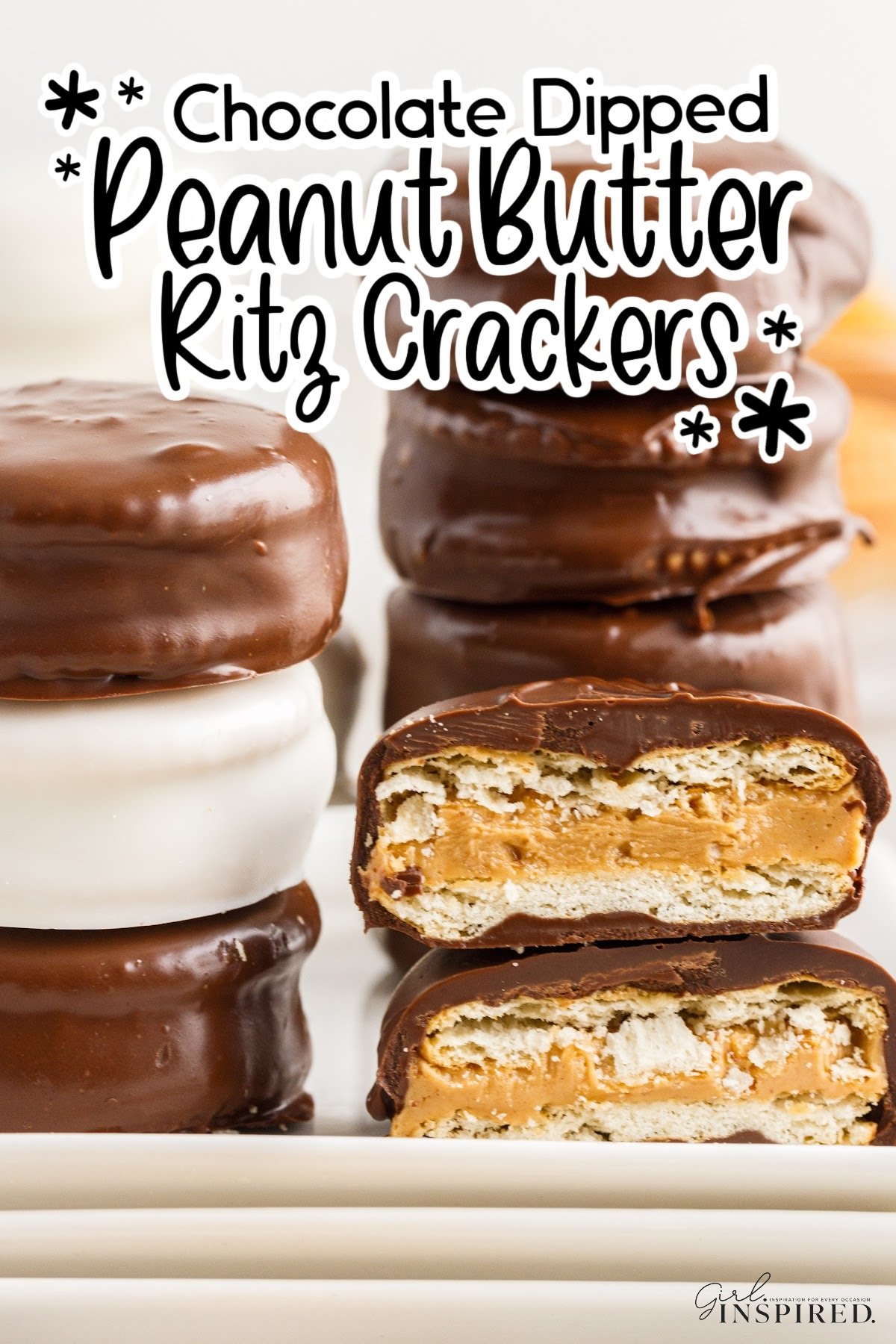 Stacks of Chocolate Dipped Peanut Butter ritz crackers showing the insides, with text overlay.