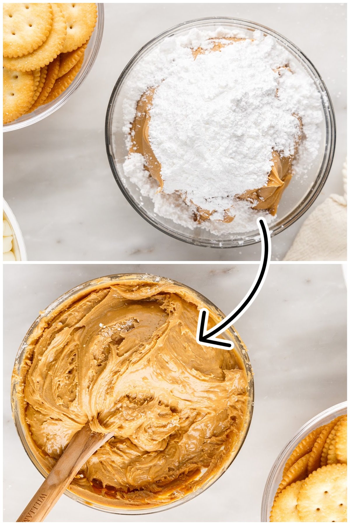 Two steps shown here to mix the cracker filling.  