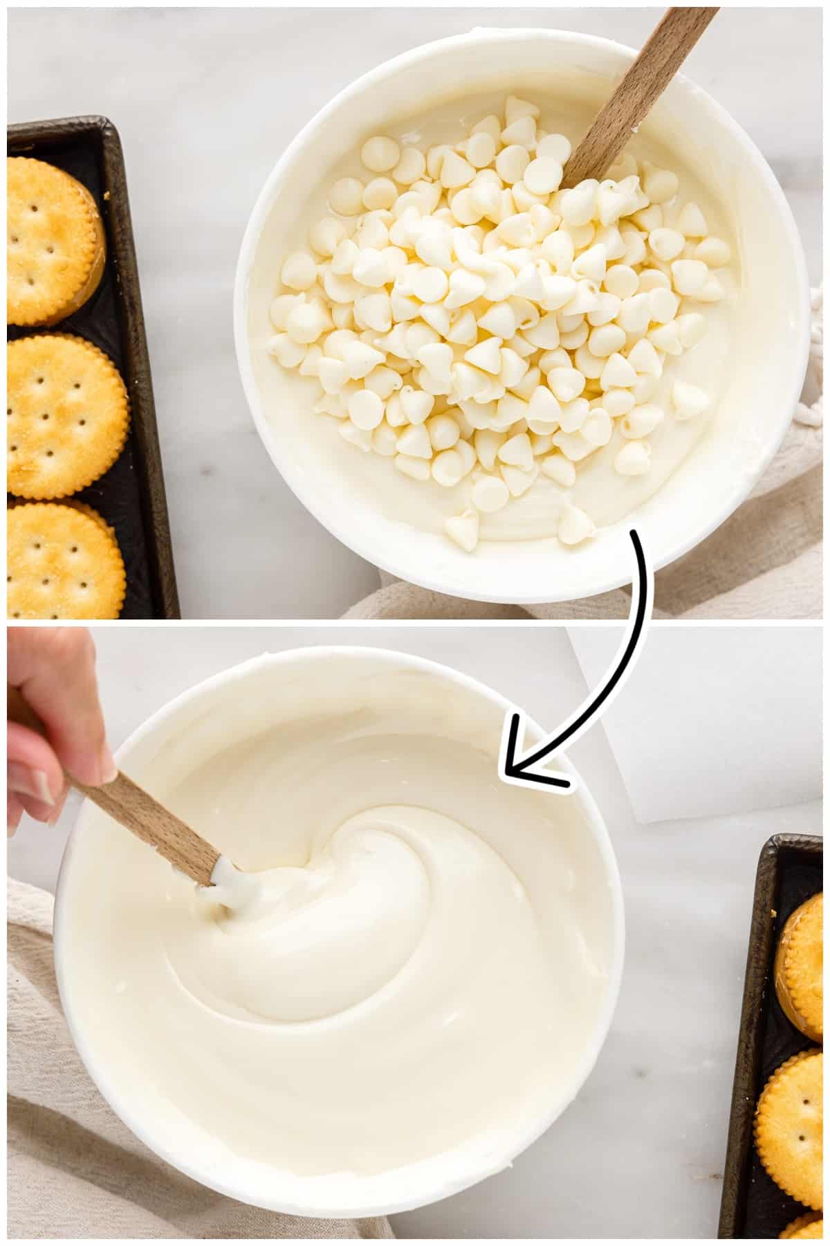 Two steps shown here, mixing in the remaining white chocolate chips into the smooth melted chocolate.