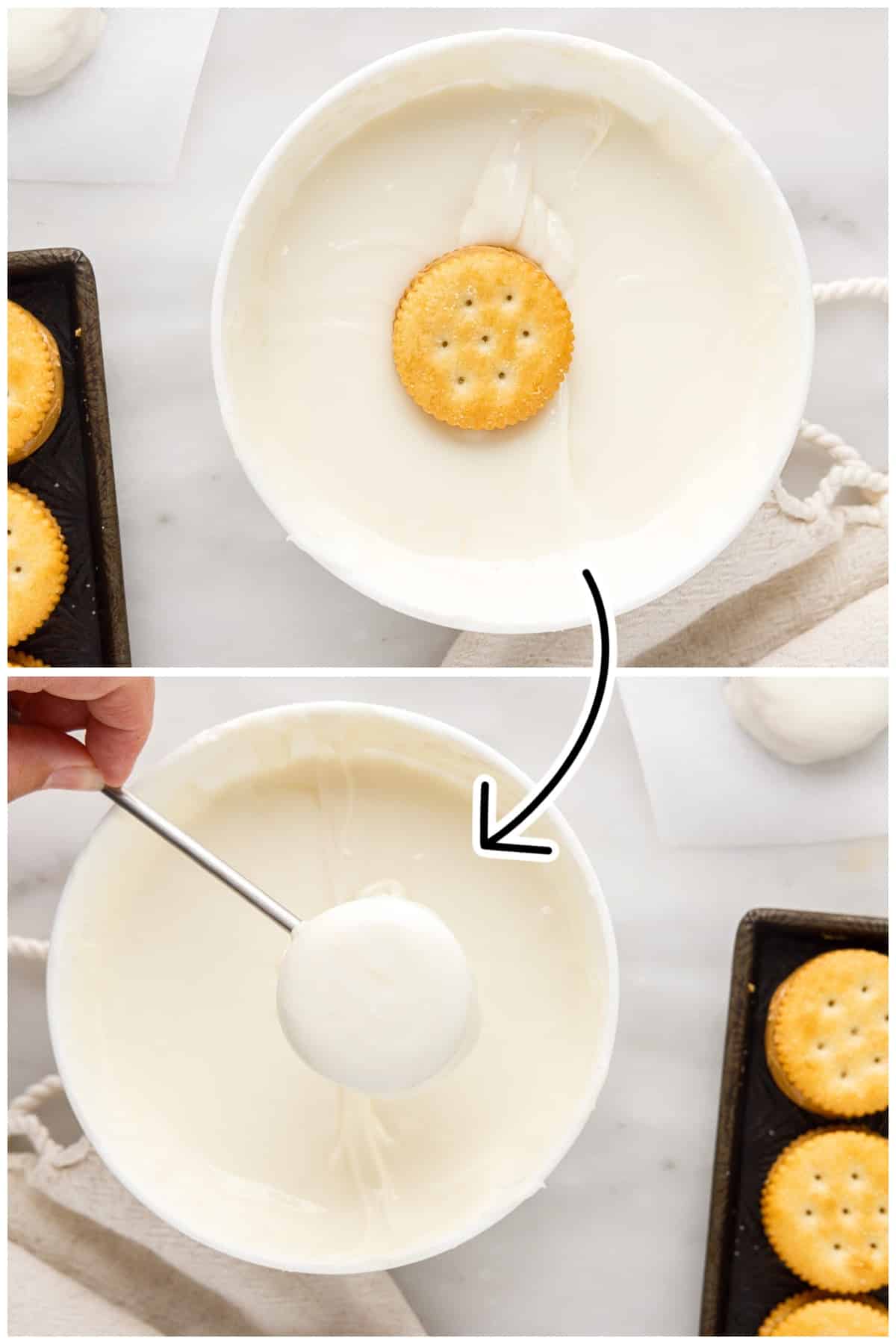 Two steps shown here, coating the ritz crackers in the melted chocolate.