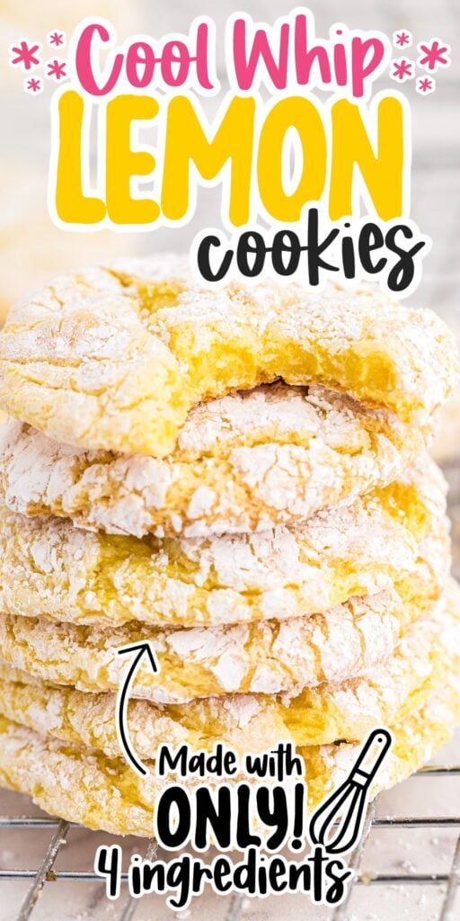 Six lemon cake mix cool whip cookies stacked on each other.