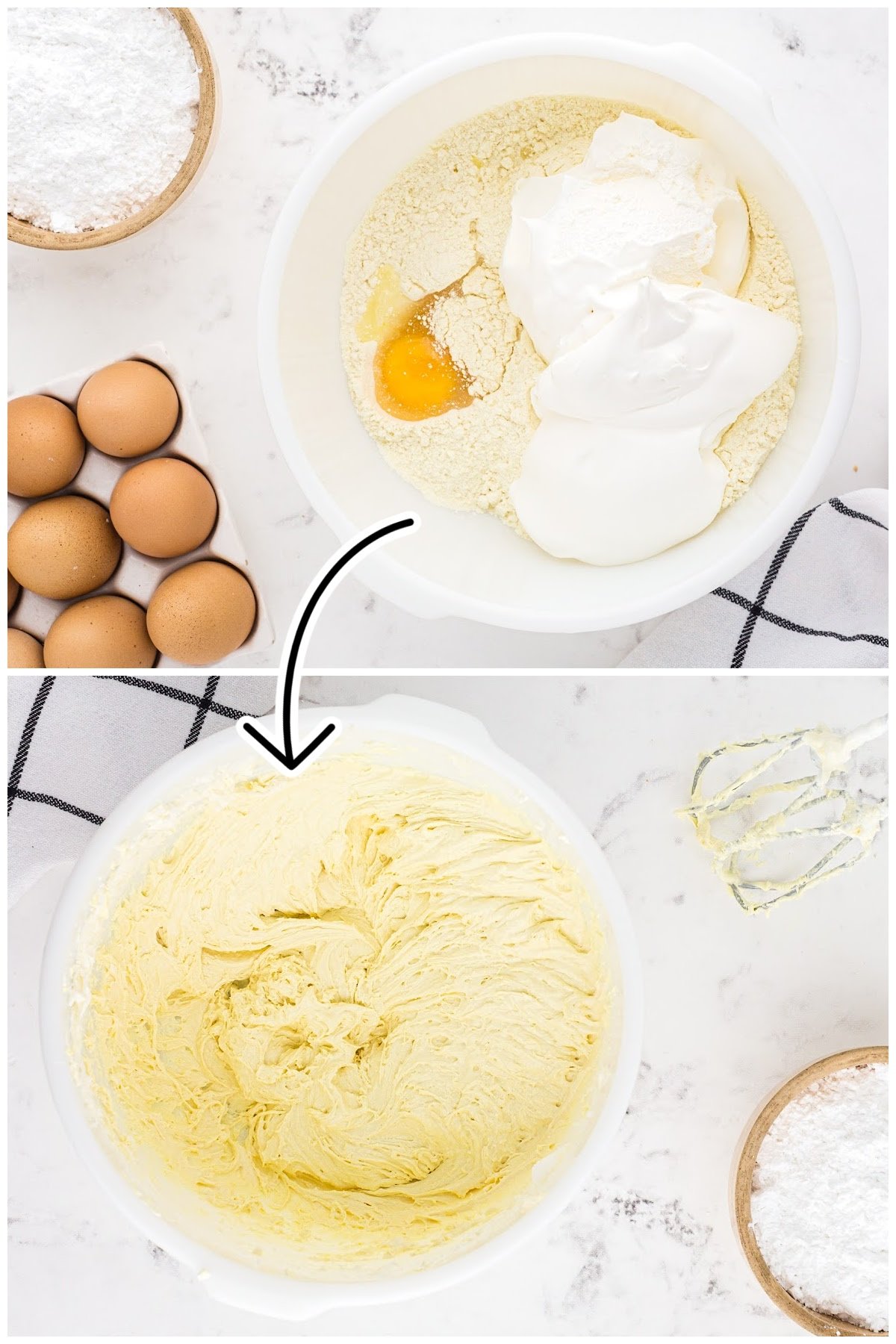 Egg, cool whip, and boxed cake mix in a mixing bowl.