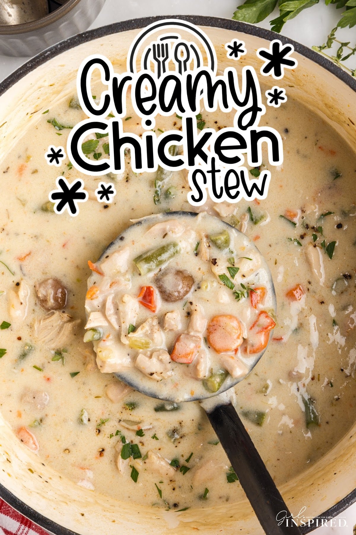 Pot filled with Creamy Chicken Stew with a laddle spooning some out, with text overlay.