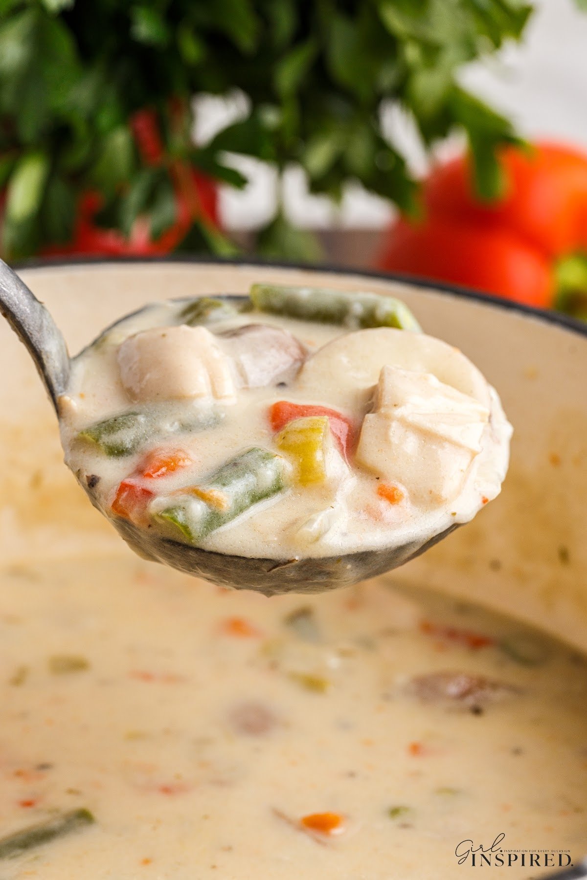 Large pot of Creamy Chicken Stew with a laddle full just above it, with text overlay.