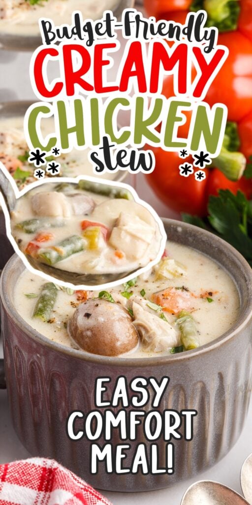 Small bowl filled with Creamy Chicken Stew, with text overlay.