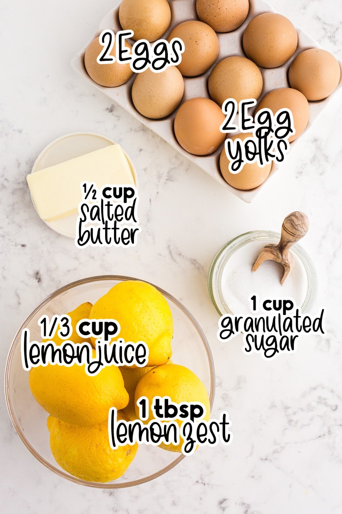 All ingredients layed out on the countertop to make this lemon curd, with text overlay.