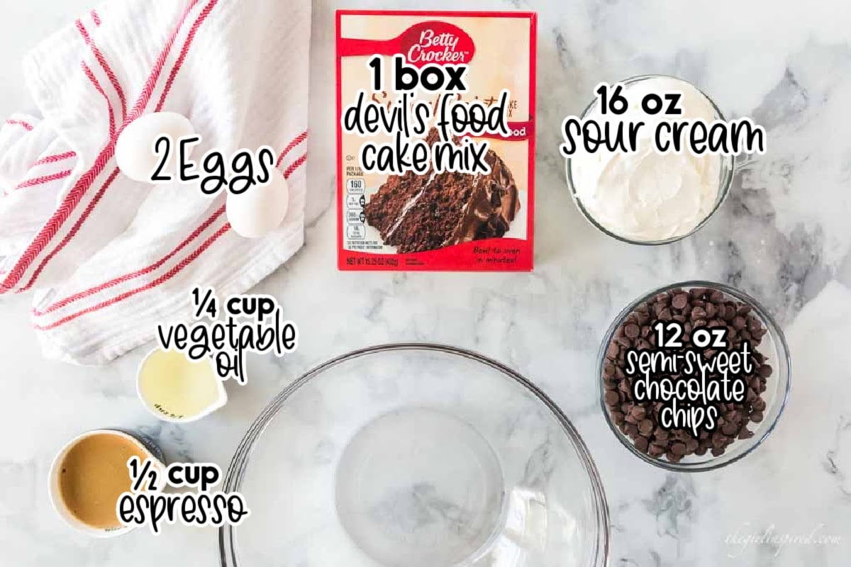 Ingredients needed to make Double Chocolate Fudge Cake with text overlay.