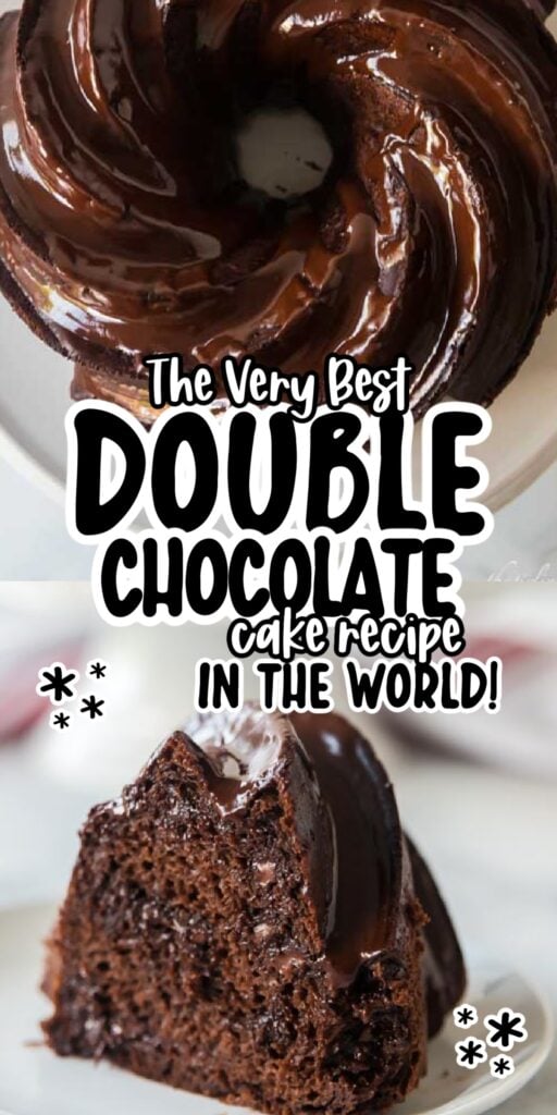 Two images of Double Chocolate Fudge Cake one overhead view and one of a piece of cake on a plate with text overlay.