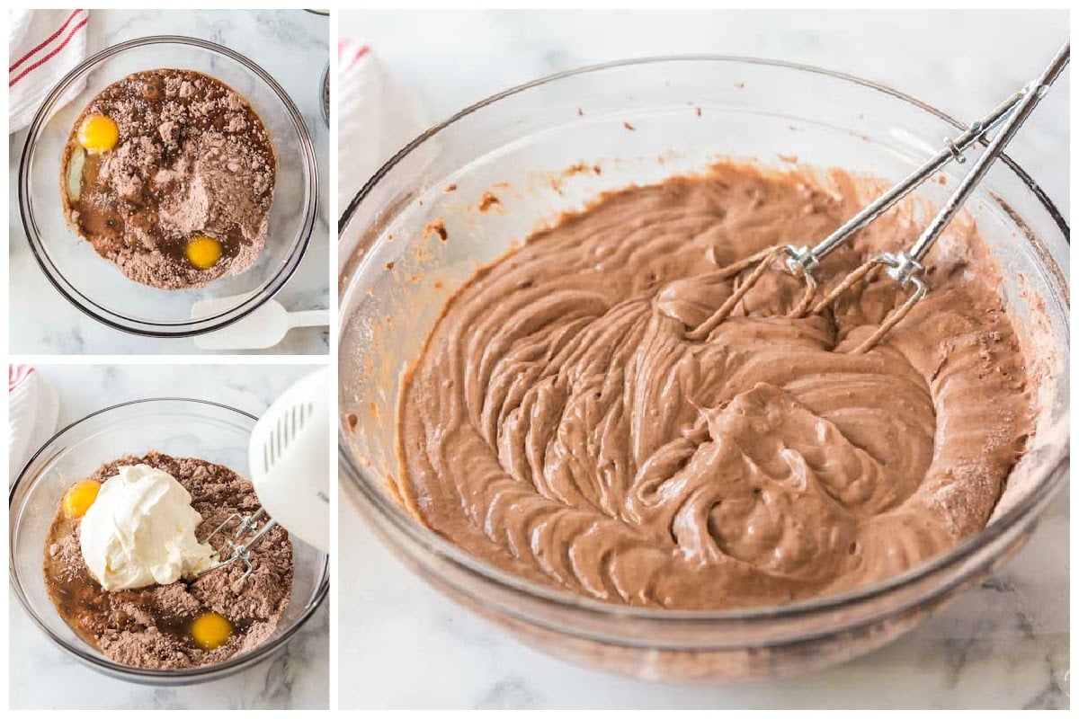 Three images of Double Chocolate Fudge Cake ingredients added to a mixing bowl and being mixed together.