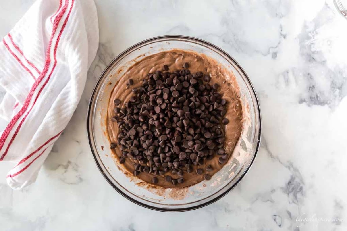 Chocolate chips added to the Double Chocolate Fudge Cake batter.