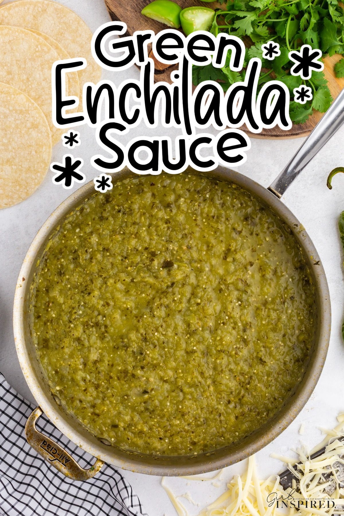 A sauce pan of Green Enchilada Sauce with text overlay.