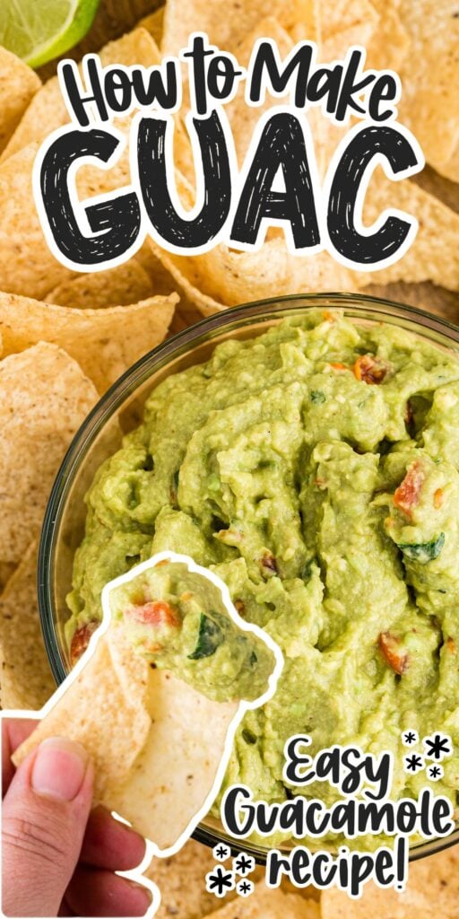 A large bowl of guacamole with a chip dipping into it, with text overlay.