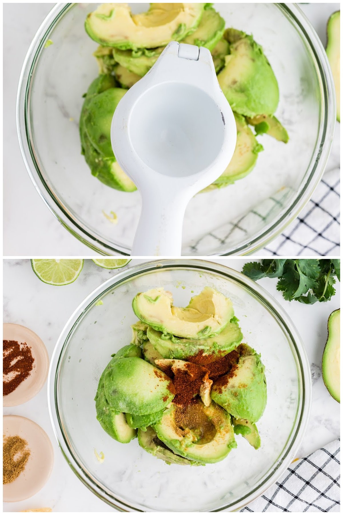 Squeezing fresh lime over the top of the bowl filled with avocado.