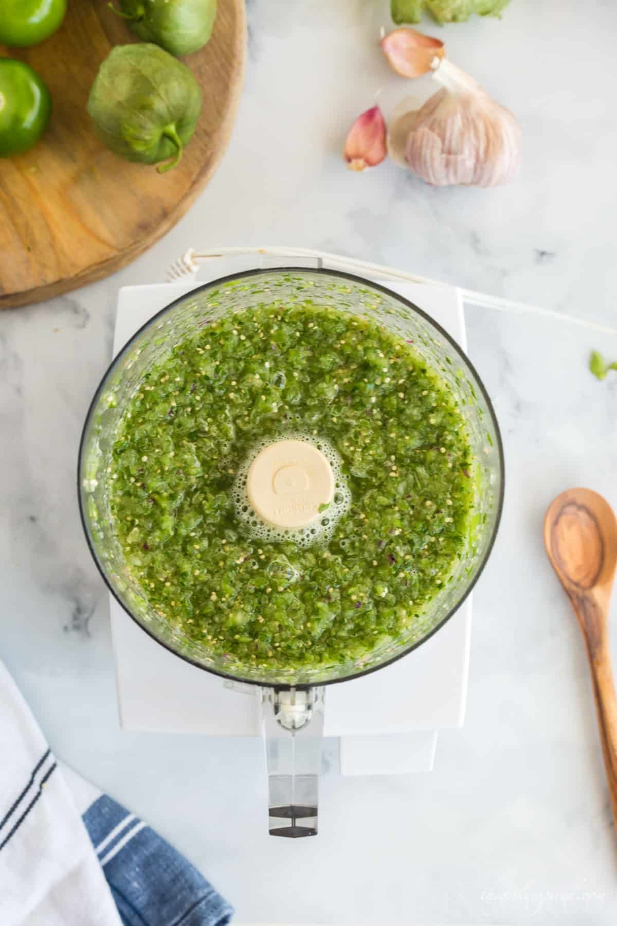 Salsa Verde after being processed in the food processor.