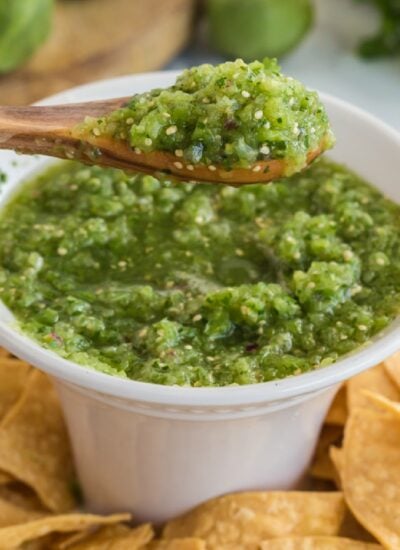Close up of a bowl of Salsa Verde.