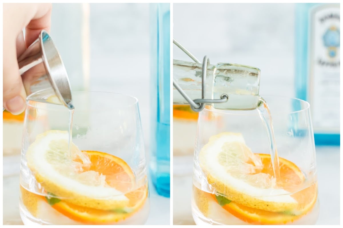 Simple syrup and alcohol are poured over lemon and orange.