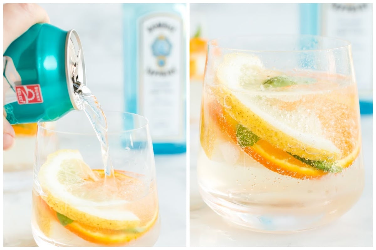Two images of soda being poured on Orange Gin Cocktail and a close up of Orange Gin Cocktail.