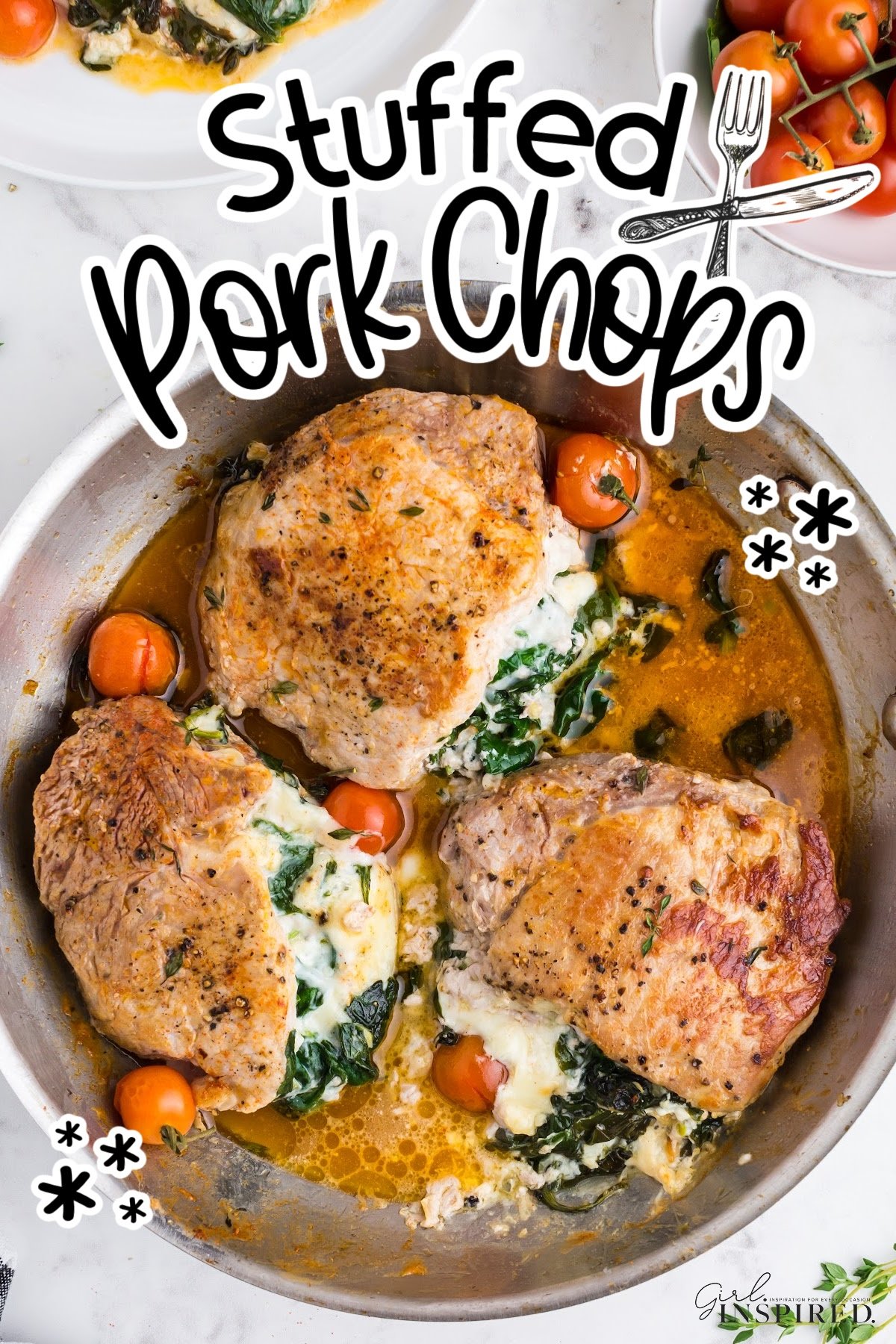 Pan filled with Stuffed Pork Chops with text overlay.
