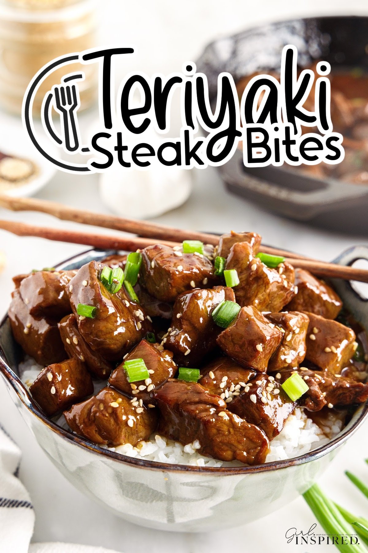 Teriyaki steak bites over rice with text overlay.
