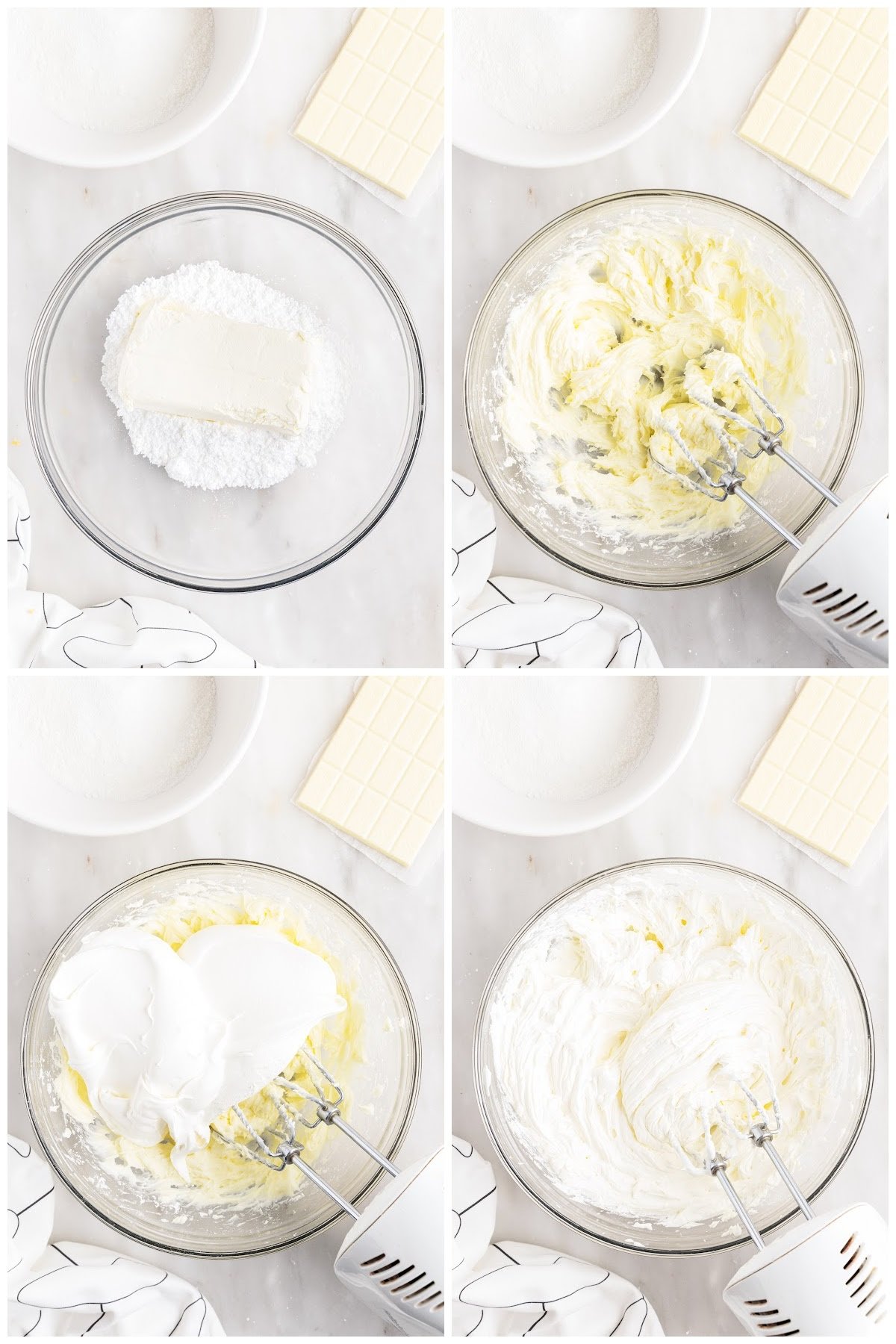 Four steps shown here, making one of the white chocolate lasagna layers.