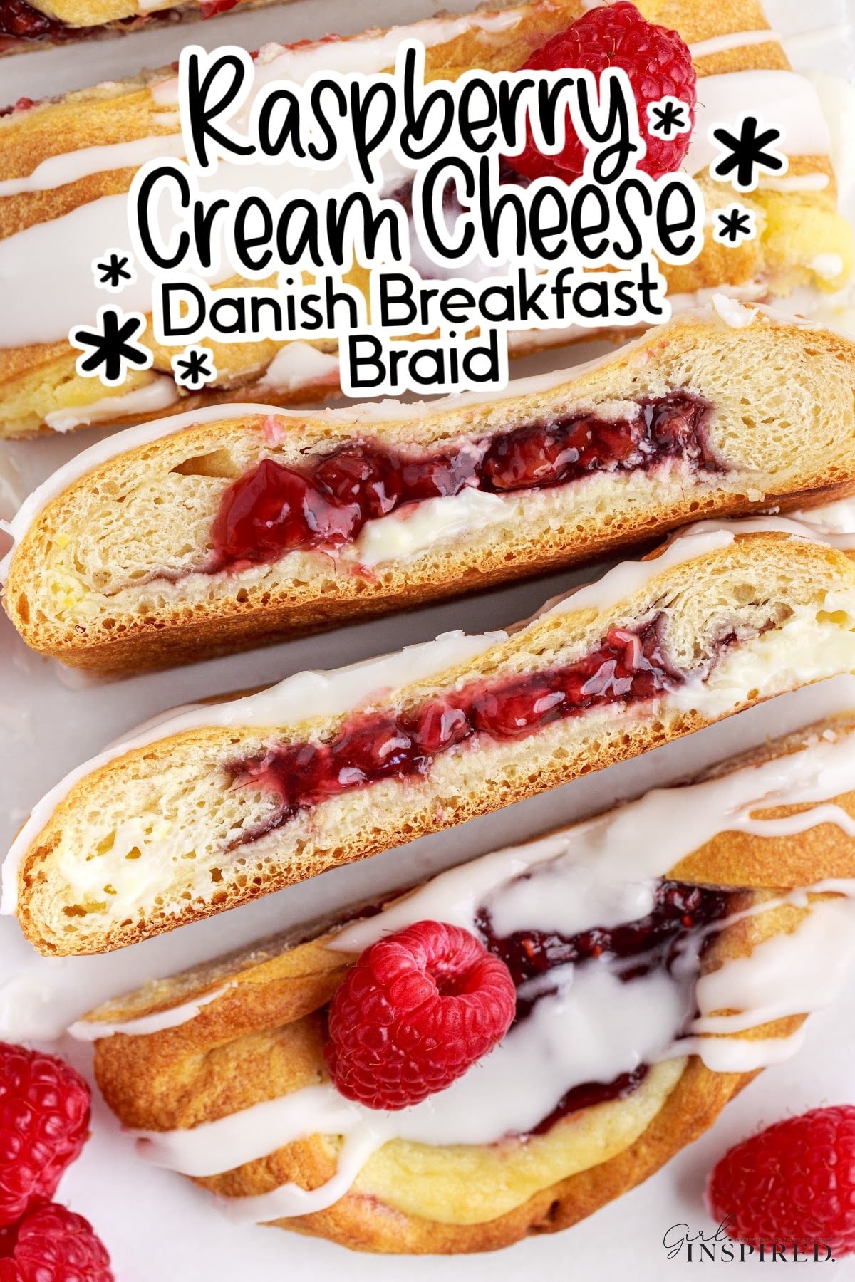 Raspberry cream cheese danish braid cut into several pieces to show the insides, with text overlay.