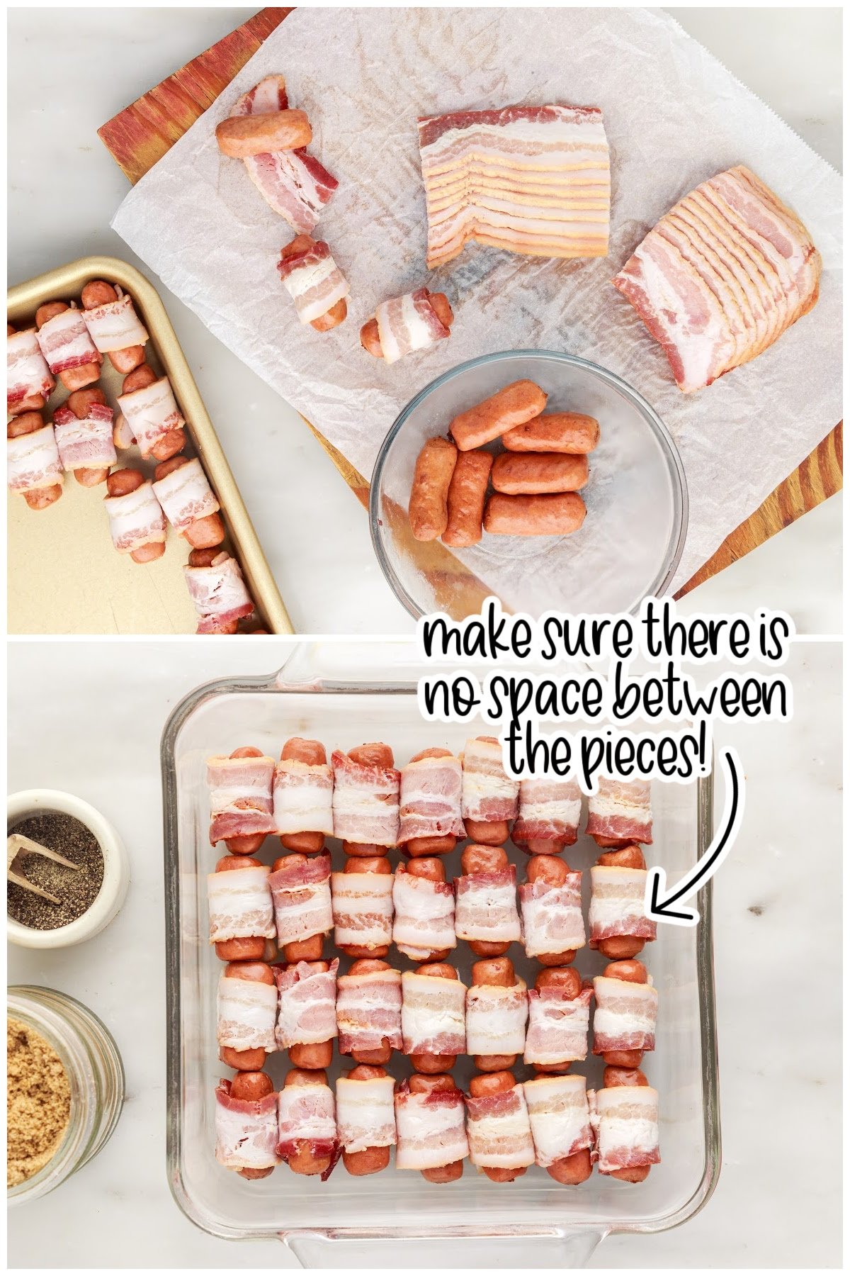 Two images of little smokies being wrapped with bacon and an 8x8 dish full of Bacon Wrapped Little Smokies with text overlay.