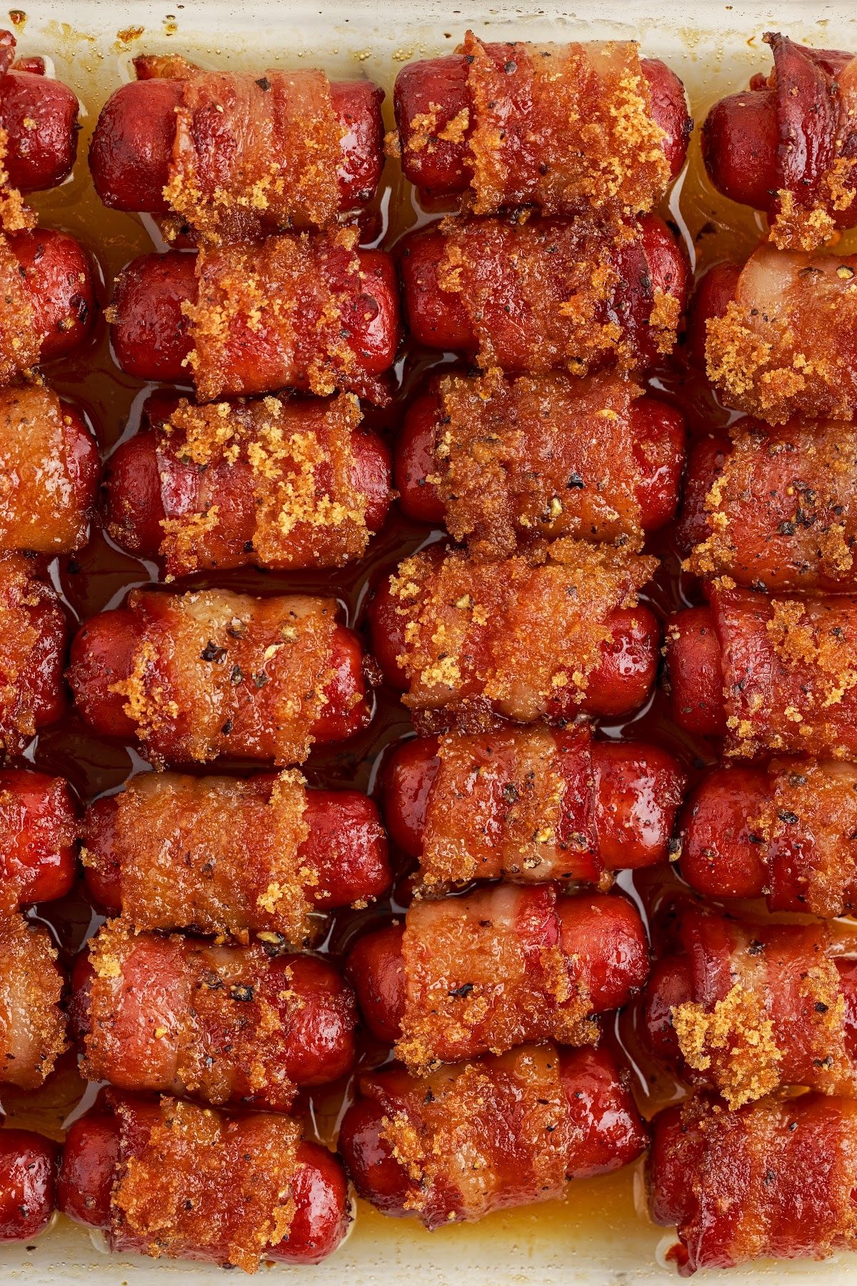 Overhead close up view of Bacon Wrapped Little Smokies.